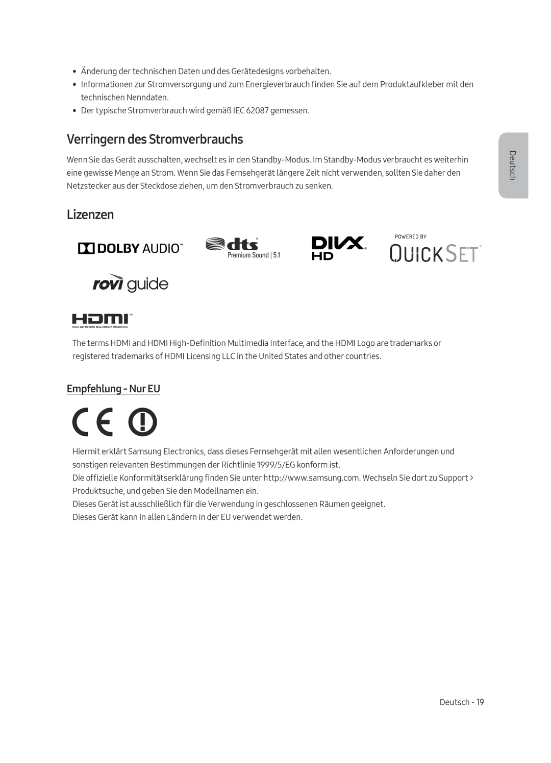 Samsung UE65MU6270UXZG, UE65MU6279UXZG, UE55MU6279UXZG manual Verringern des Stromverbrauchs, Lizenzen, Empfehlung Nur EU 