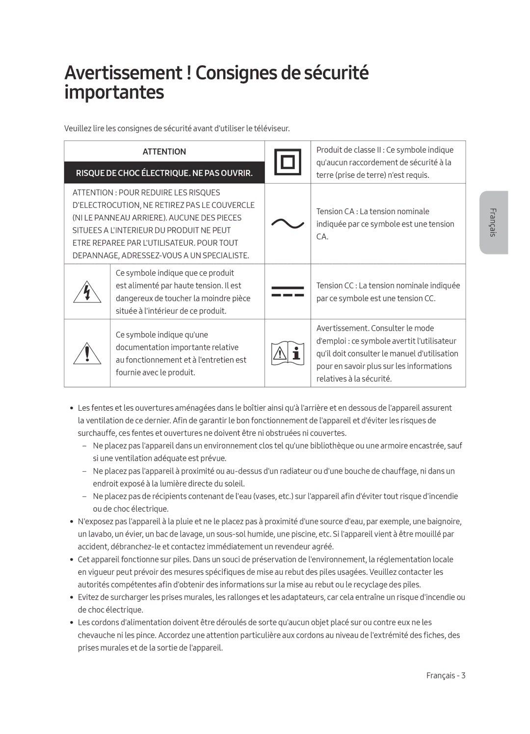 Samsung UE55MU6279UXZG manual Avertissement ! Consignes de sécurité importantes, Risque DE Choc ÉLECTRIQUE. NE PAS Ouvrir 