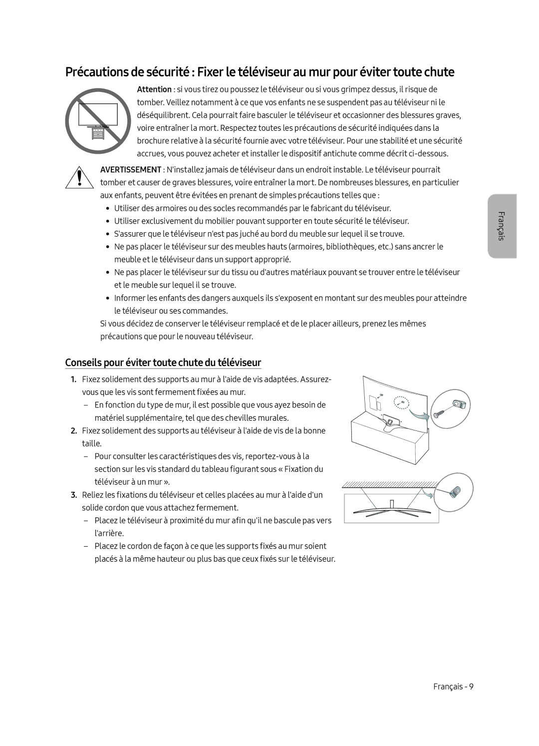 Samsung UE55MU6279UXZG, UE65MU6279UXZG, UE49MU6279UXZG, UE65MU6270UXZG manual Conseils pour éviter toute chute du téléviseur 