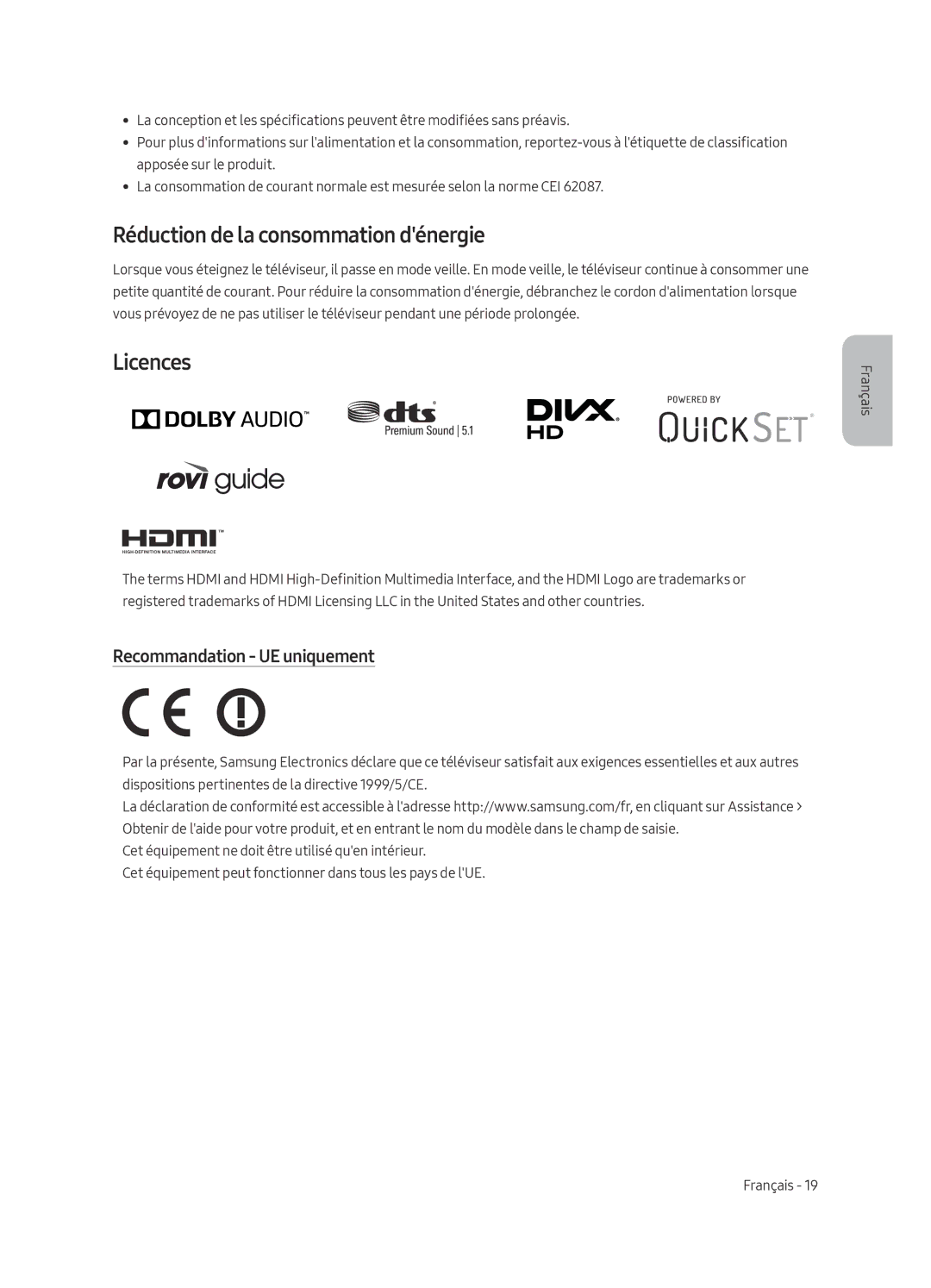 Samsung UE55MU6270UXZG, UE65MU6279UXZG, UE55MU6279UXZG Réduction de la consommation dénergie, Recommandation UE uniquement 