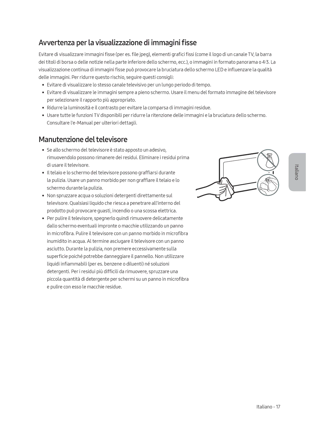 Samsung UE55MU6270UXZG, UE65MU6279UXZG Avvertenza per la visualizzazione di immagini fisse, Manutenzione del televisore 