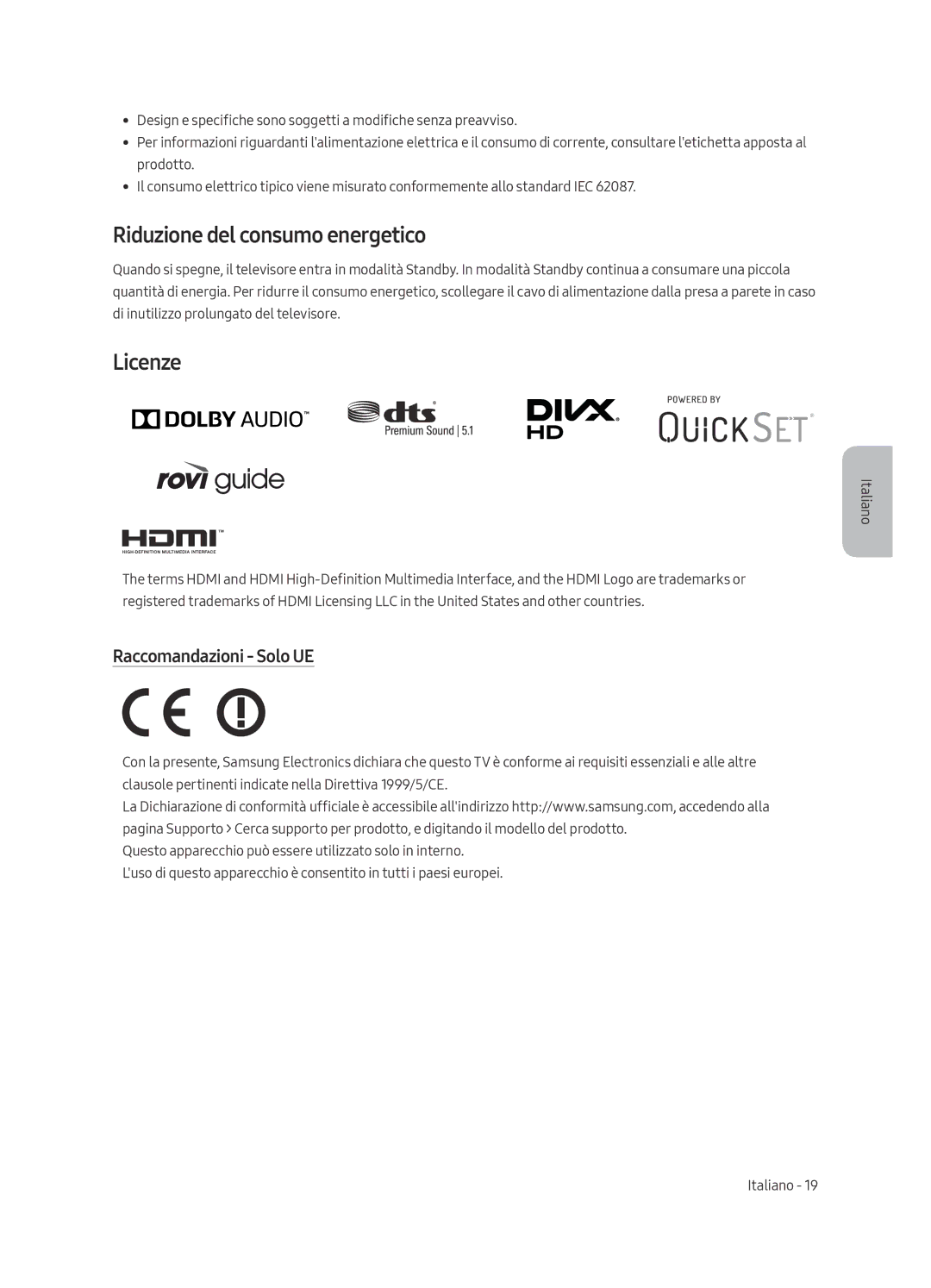 Samsung UE55MU6279UXZG, UE65MU6279UXZG, UE49MU6279UXZG Riduzione del consumo energetico, Licenze, Raccomandazioni Solo UE 