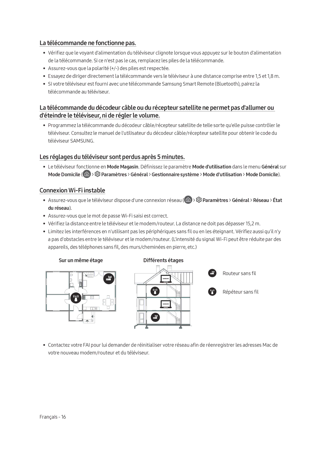 Samsung UE65MU6400SXXN manual La télécommande ne fonctionne pas, Les réglages du téléviseur sont perdus après 5 minutes 