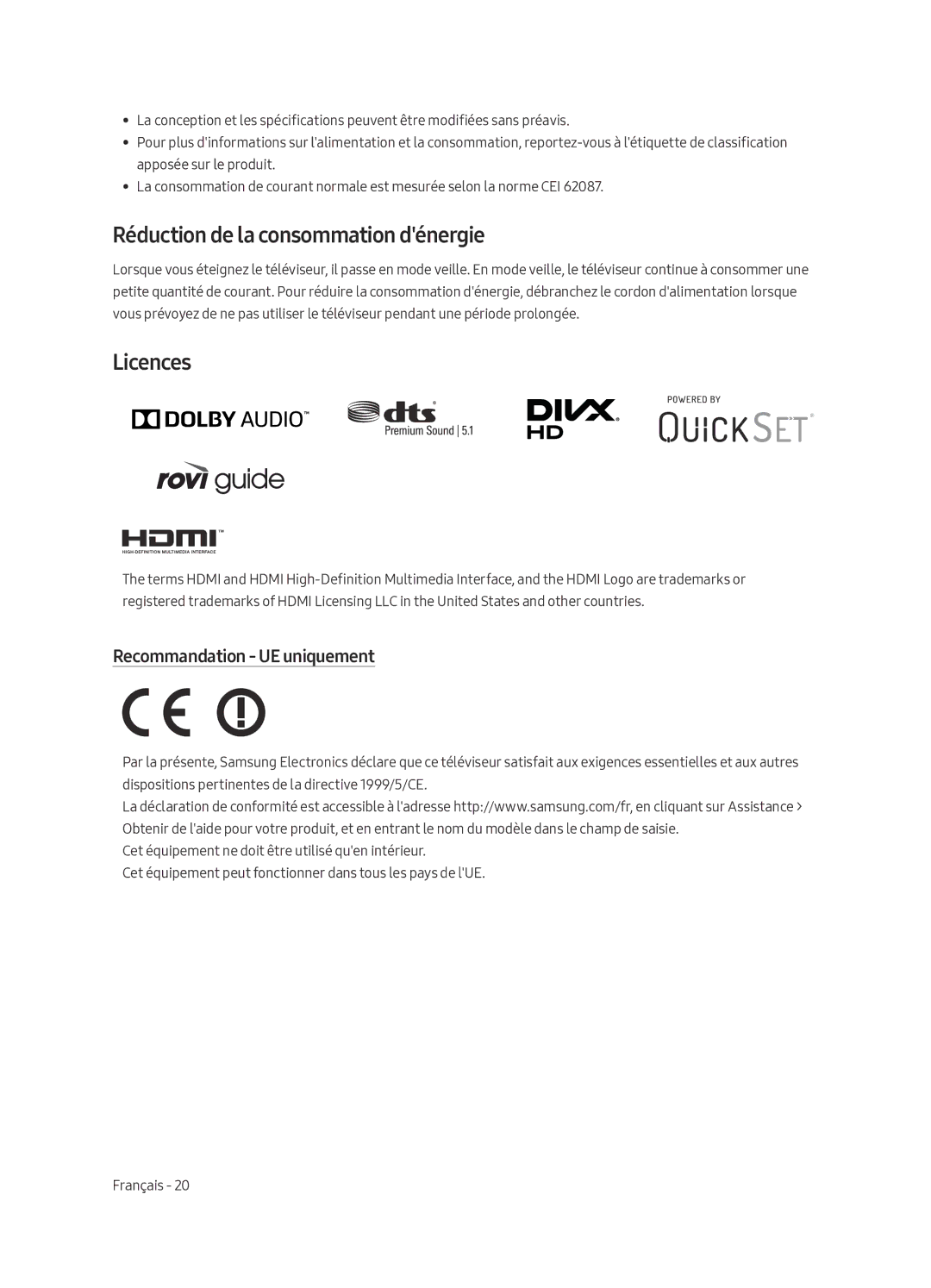 Samsung UE65MU6400SXXN, UE49MU6400SXXN, UE40MU6400SXXN Réduction de la consommation dénergie, Recommandation UE uniquement 