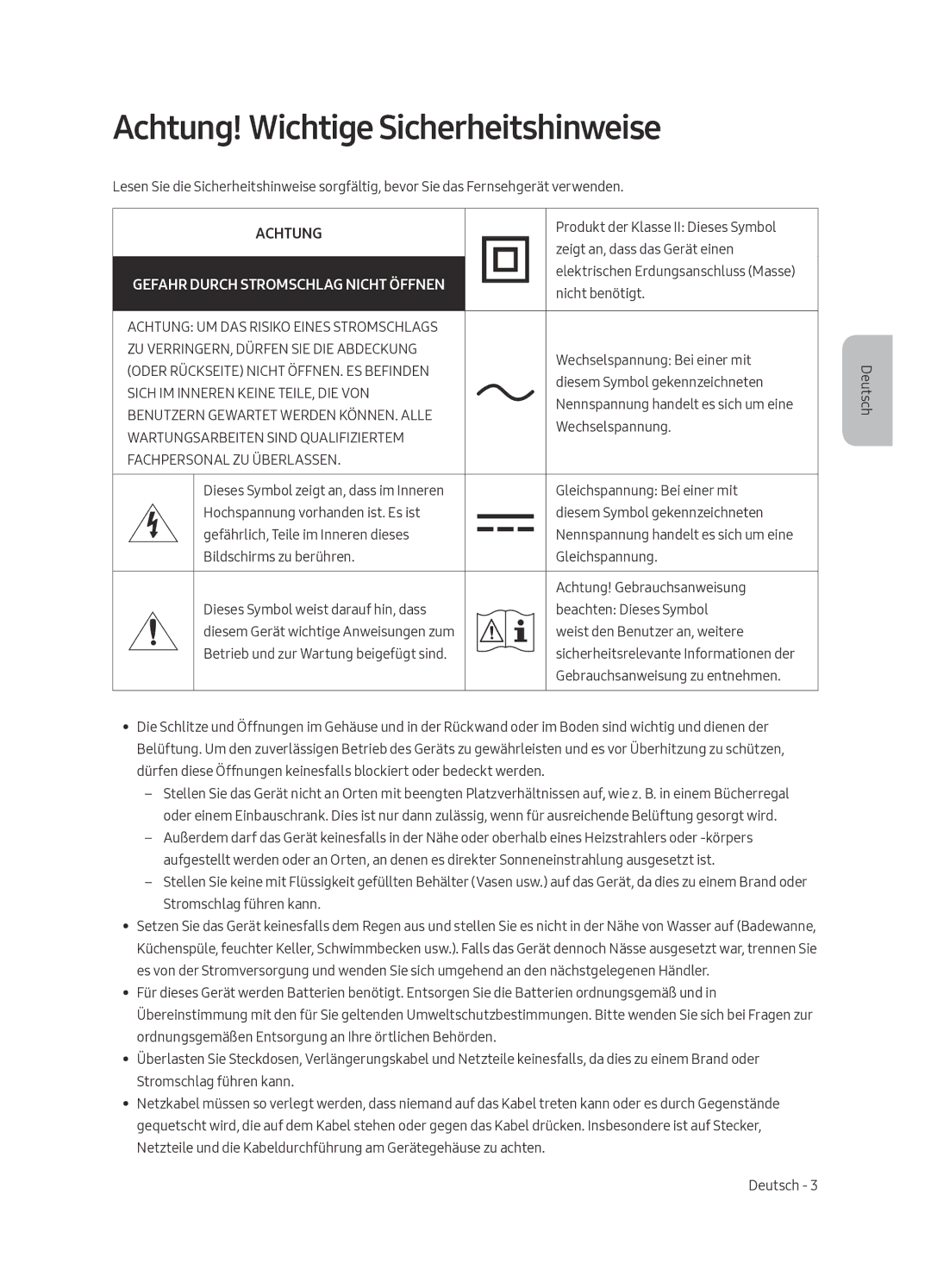 Samsung UE55MU6400SXXN, UE65MU6400SXXN, UE49MU6400SXXN, UE40MU6400SXXN manual Achtung! Wichtige Sicherheitshinweise 