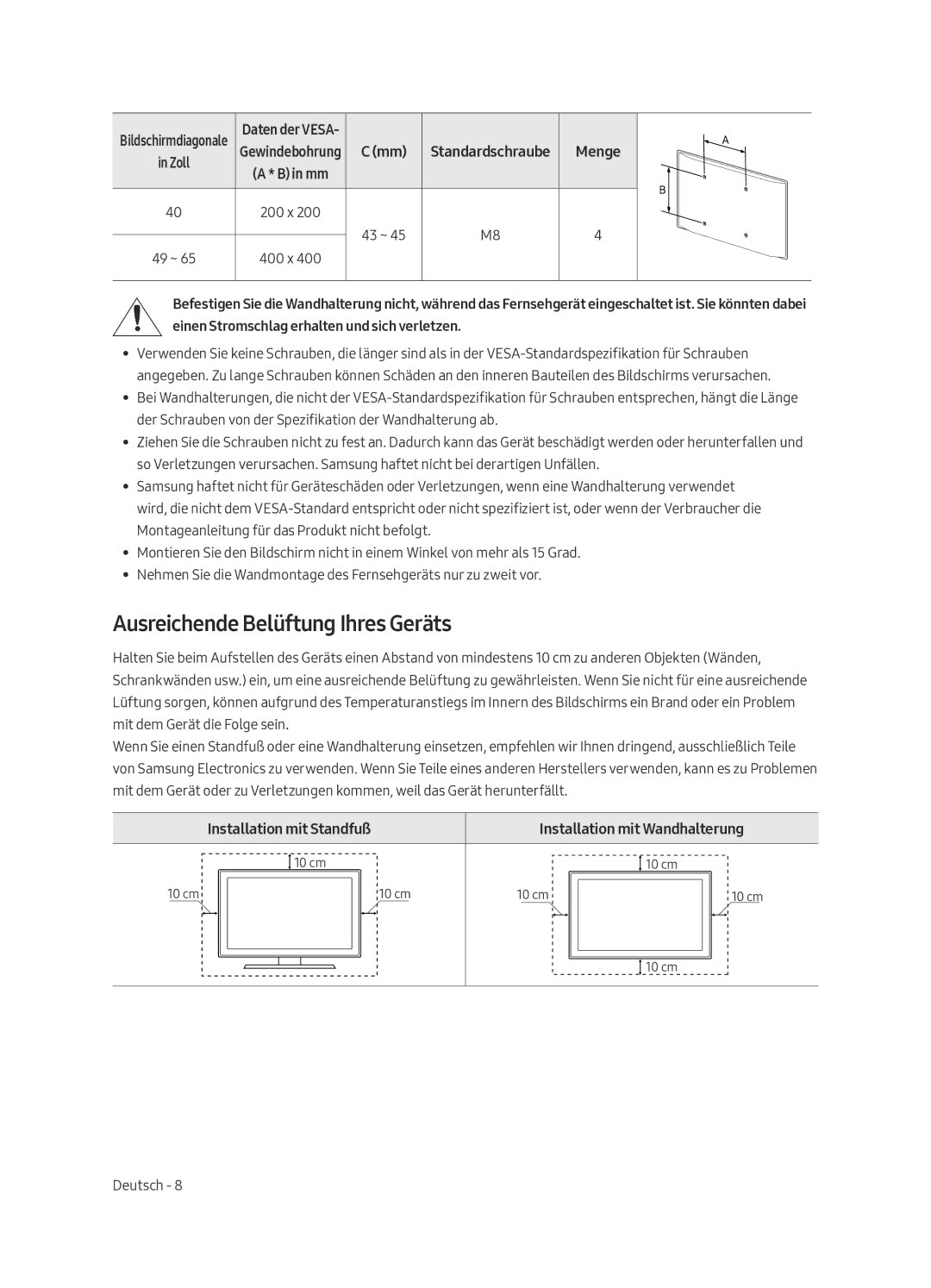 Samsung UE65MU6400SXXN manual Ausreichende Belüftung Ihres Geräts, Installation mit Standfuß Installation mit Wandhalterung 