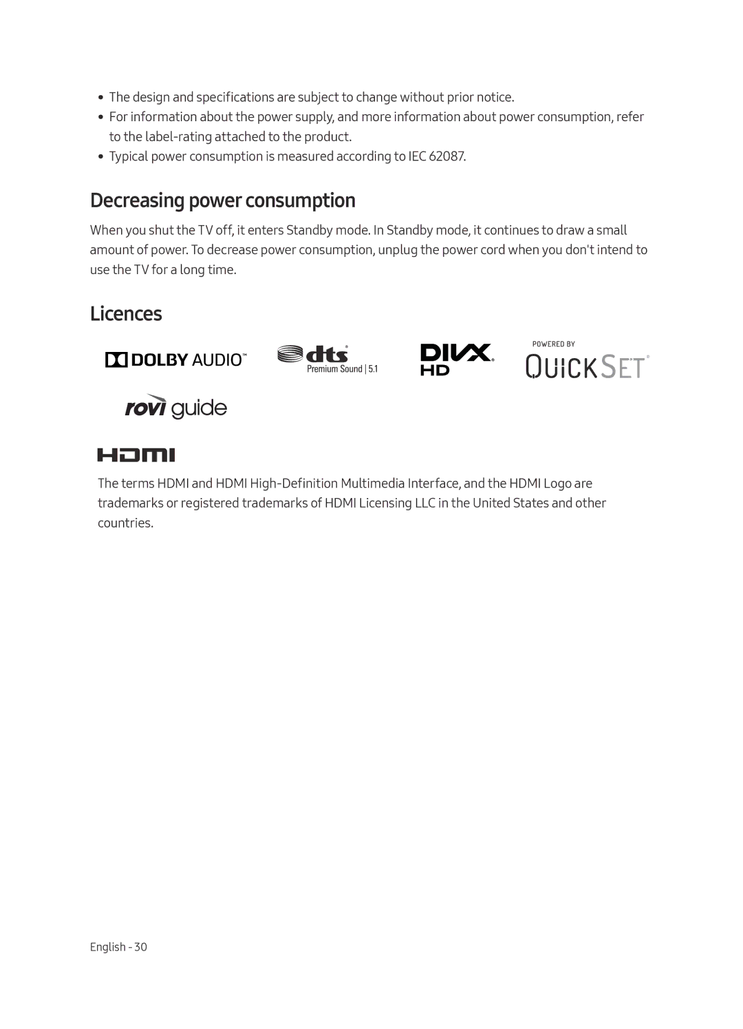 Samsung UE65MU6400UXZT, UE65MU6400UXZG, UE49MU6400UXZG, UE40MU6400UXZG, UE55MU6400UXZG Decreasing power consumption, Licences 