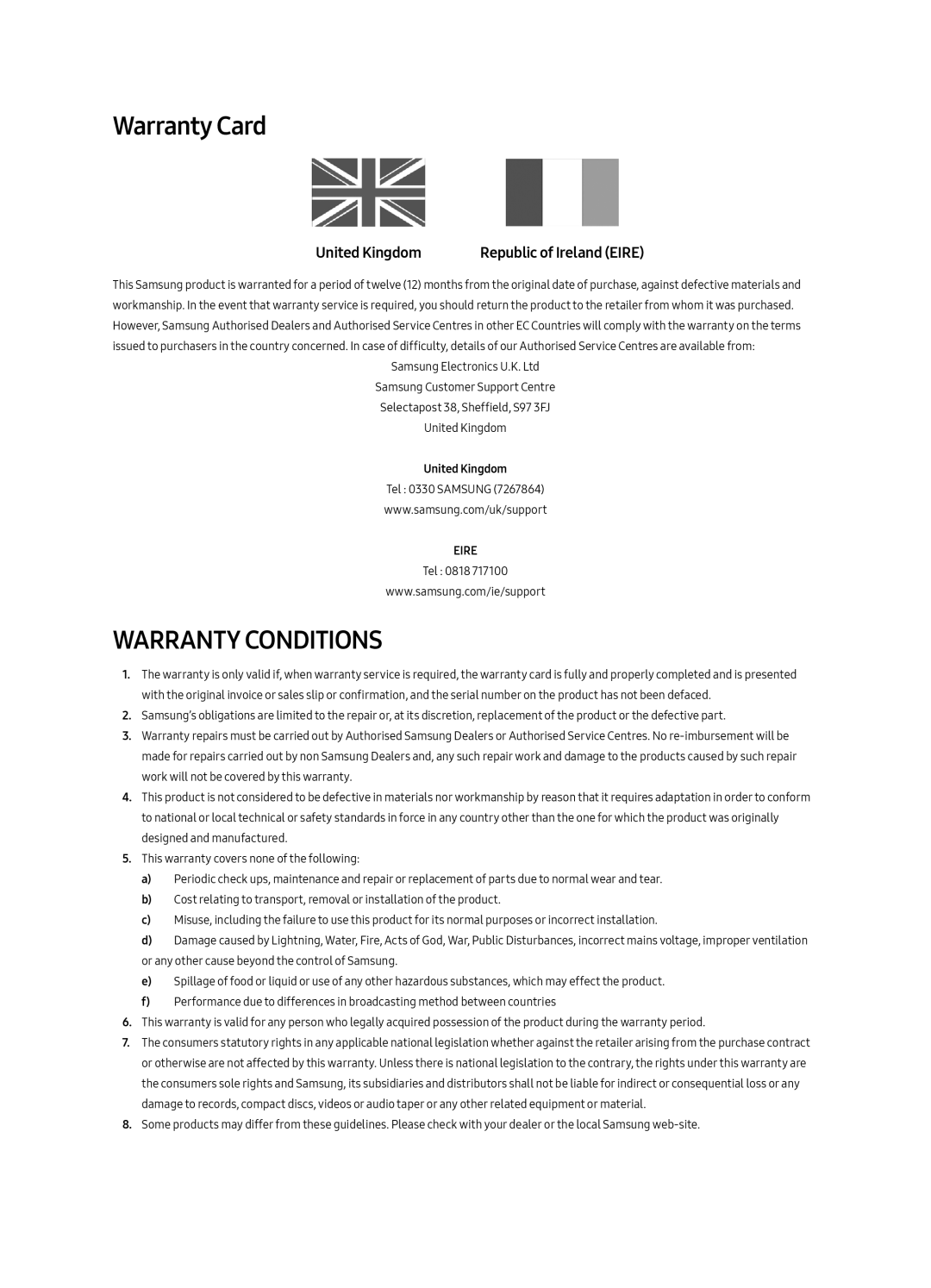 Samsung UE49MU6400UXXU, UE65MU6400UXZG, UE49MU6400UXZG, UE40MU6400UXZG, UE55MU6400UXZG manual Warranty Card, United Kingdom 