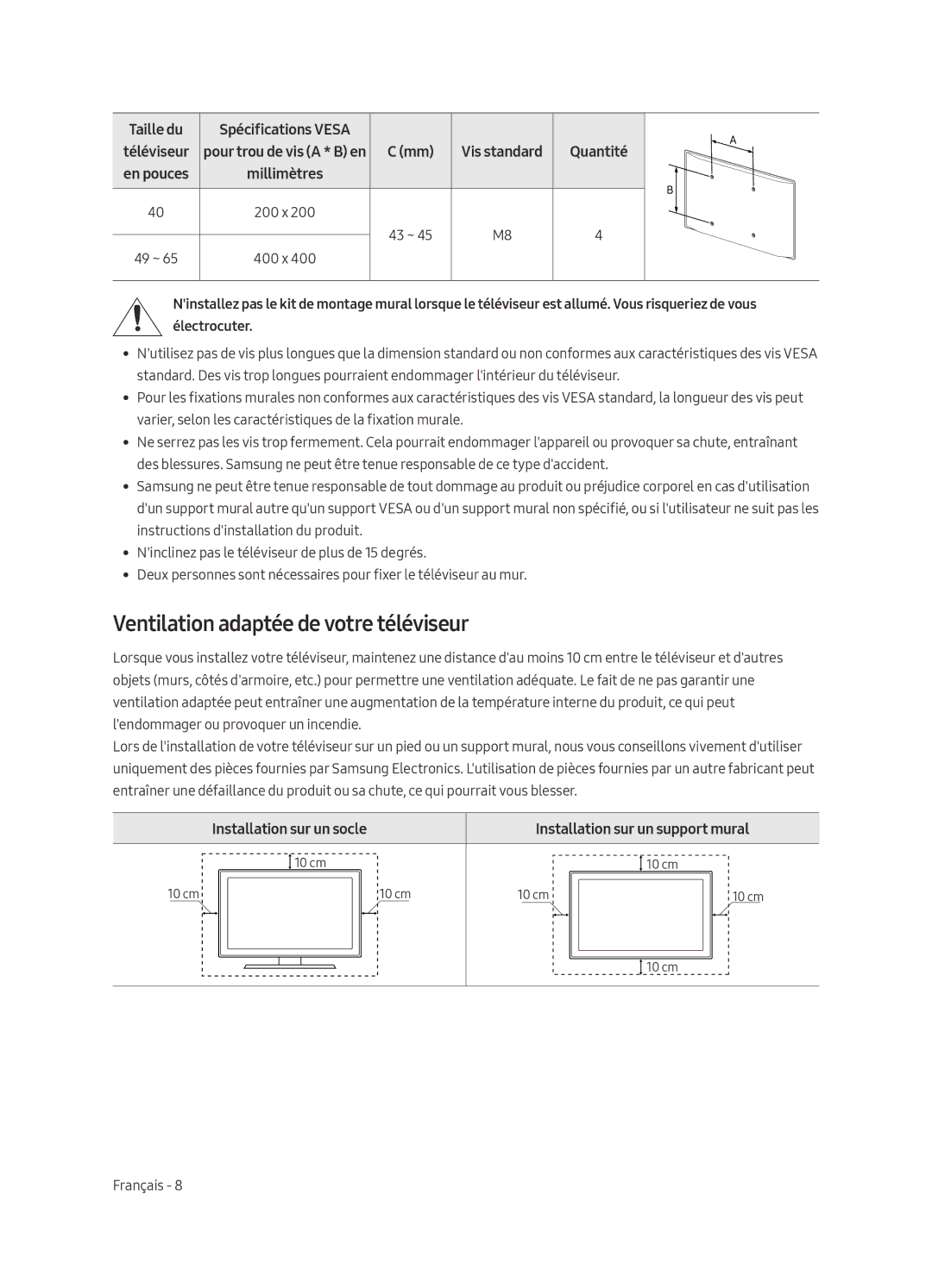 Samsung UE65MU6409UXZG Ventilation adaptée de votre téléviseur, Taille du Spécifications Vesa, Installation sur un socle 