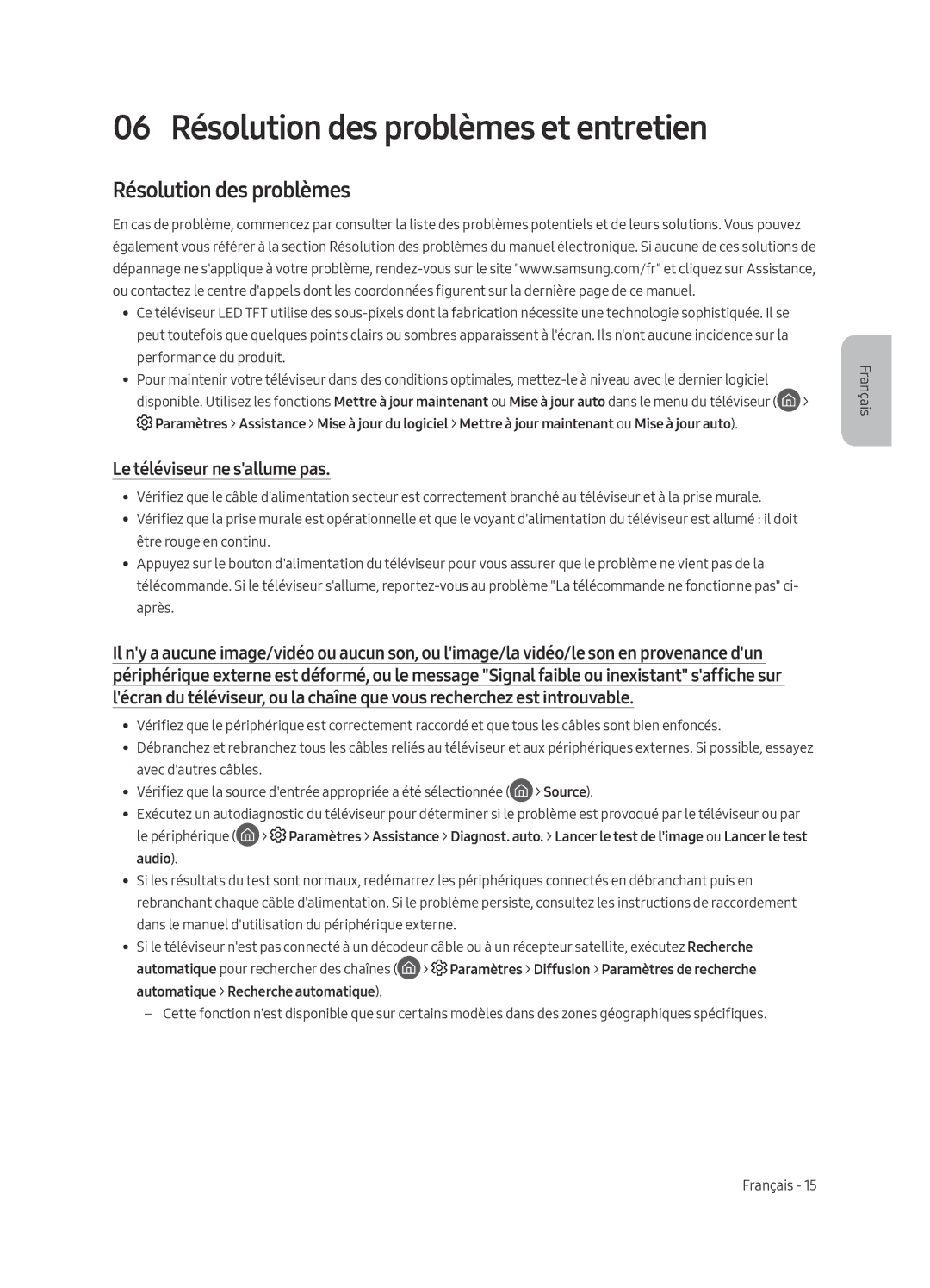 Samsung UE55MU6400UXZG, UE65MU6409UXZG manual 06 Résolution des problèmes et entretien, Le téléviseur ne sallume pas 