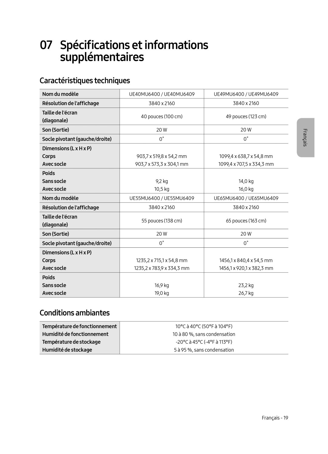 Samsung UE49MU6409UXZG, UE65MU6409UXZG, UE65MU6400UXZG, UE55MU6409UXZG Caractéristiques techniques, Conditions ambiantes 