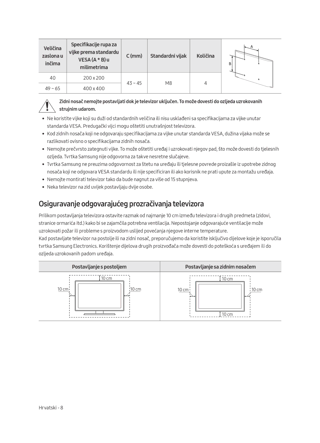 Samsung UE65MU6442UXXH, UE55MU6472UXXH manual Osiguravanje odgovarajućeg prozračivanja televizora, Postavljanje s postoljem 