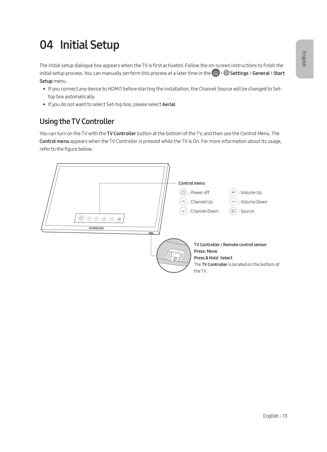 Samsung UE55MU6472UXXH, UE65MU6442UXXH, UE49MU6472UXXH, UE49MU6442UXXH, UE55MU6442UXXH Initial Setup, Using the TV Controller 