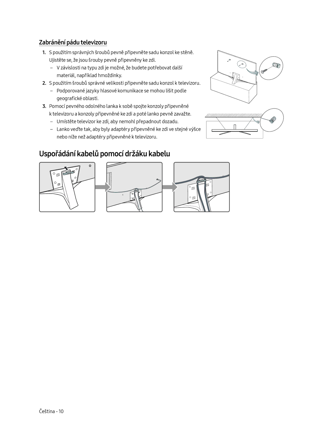 Samsung UE65MU6452UXXH, UE65MU6442UXXH, UE55MU6472UXXH Uspořádání kabelů pomocí držáku kabelu, Zabránění pádu televizoru 