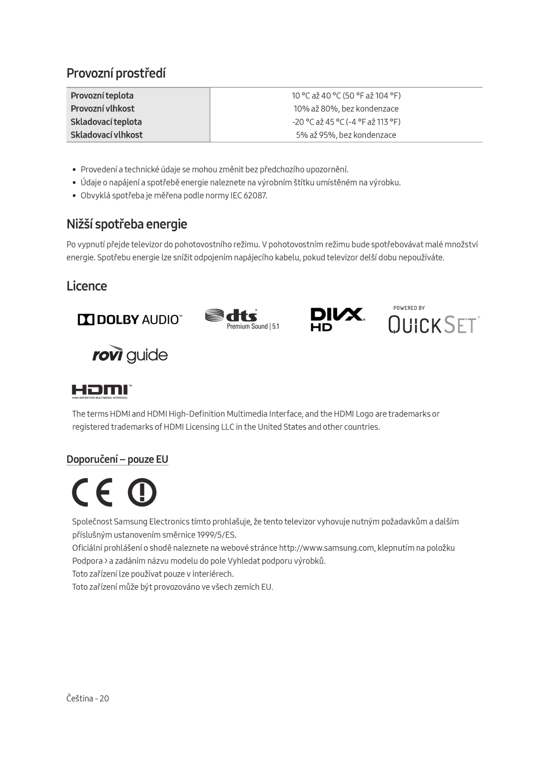 Samsung UE55MU6452UXXH, UE65MU6442UXXH, UE55MU6472UXXH manual Provozní prostředí, Nižší spotřeba energie, Doporučení pouze EU 