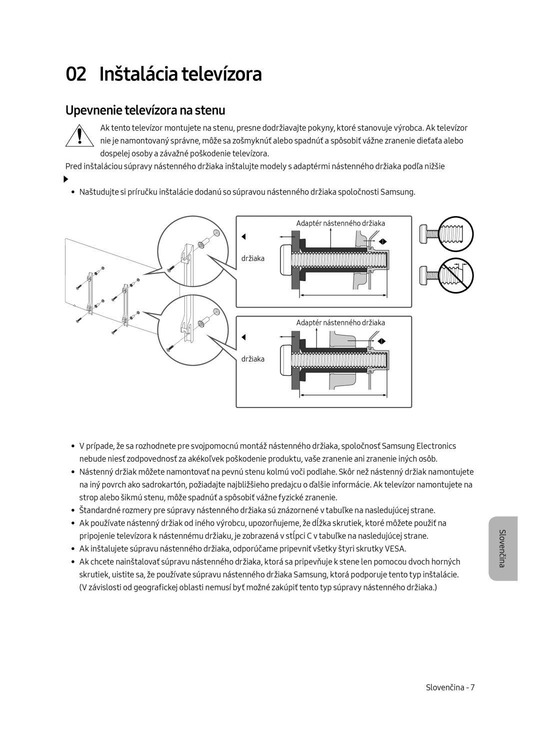 Samsung UE49MU6442UXXH, UE65MU6442UXXH, UE55MU6472UXXH manual 02 Inštalácia televízora, Upevnenie televízora na stenu 