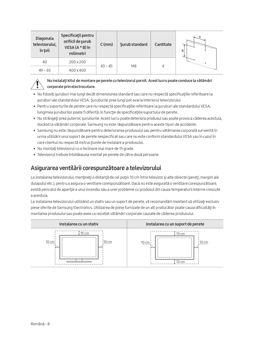 Samsung UE65MU6442UXXH manual Asigurarea ventilării corespunzătoare a televizorului, Instalarea cu un stativ, Diagonala 