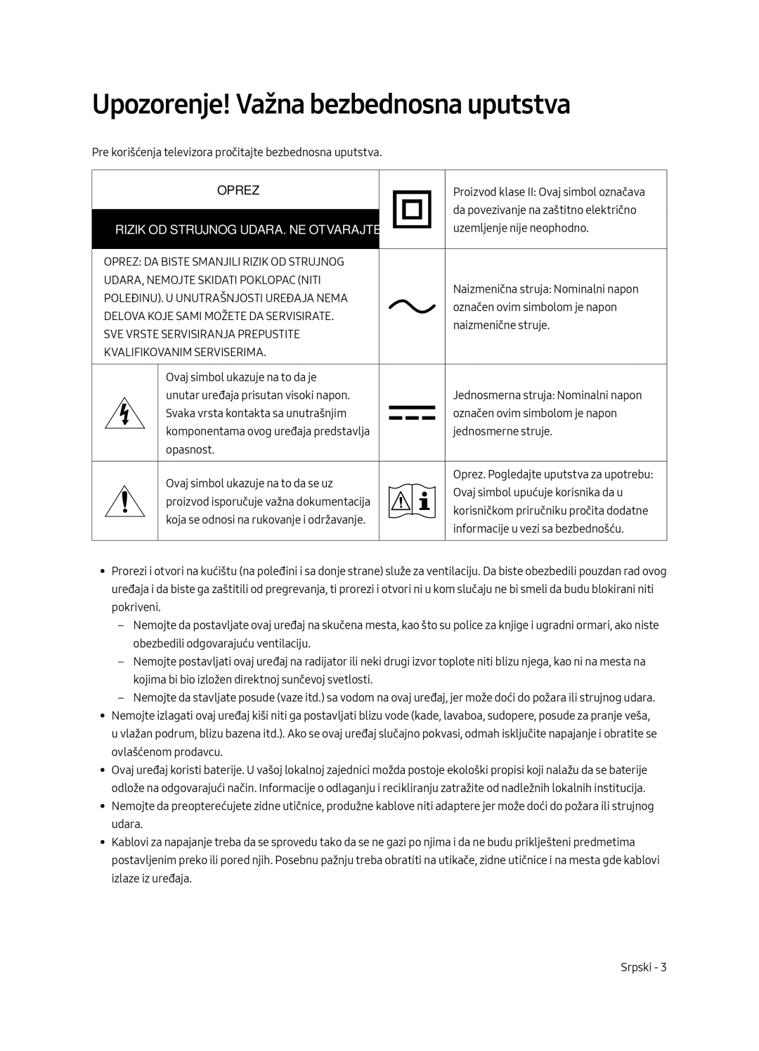 Samsung UE49MU6442UXXH, UE65MU6442UXXH manual Upozorenje! Važna bezbednosna uputstva, Rizik OD Strujnog UDARA. NE Otvarajte 