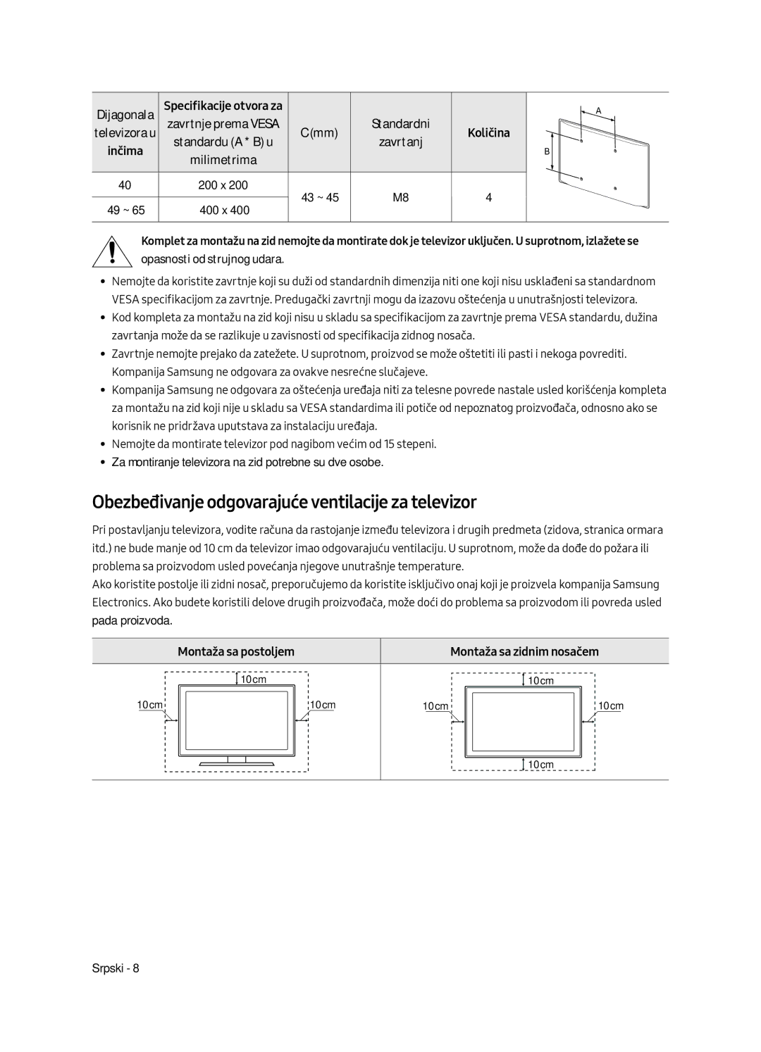 Samsung UE55MU6452UXXH Obezbeđivanje odgovarajuće ventilacije za televizor, Montaža sa postoljem Montaža sa zidnim nosačem 