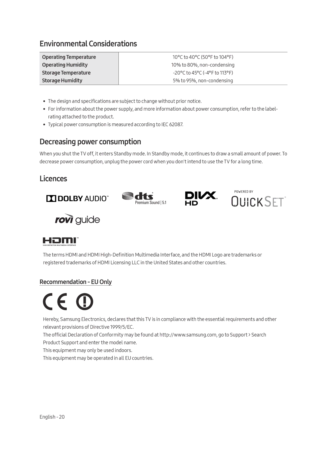 Samsung UE55MU6452UXXH manual Environmental Considerations, Decreasing power consumption, Licences, Recommendation EU Only 