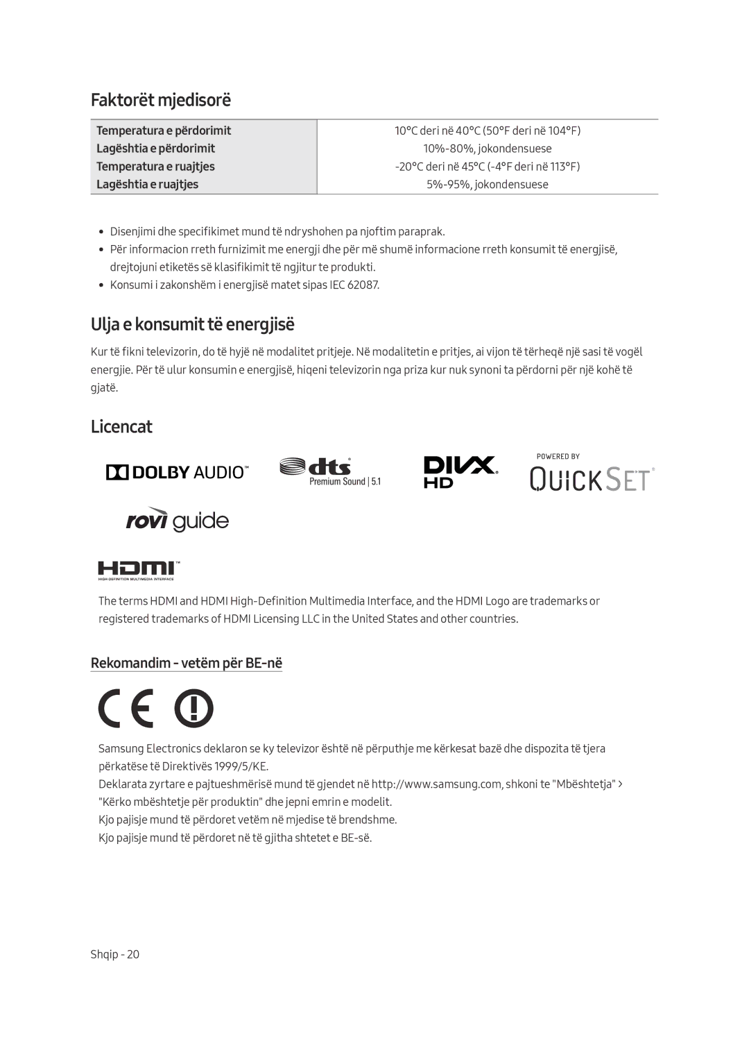 Samsung UE55MU6442UXXH manual Faktorët mjedisorë, Ulja e konsumit të energjisë, Licencat, Rekomandim vetëm për BE-në 