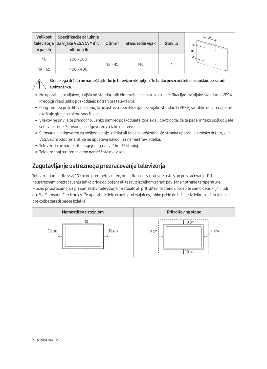 Samsung UE55MU6452UXXH manual Zagotavljanje ustreznega prezračevanja televizorja, Namestitev s stojalom Pritrditev na steno 