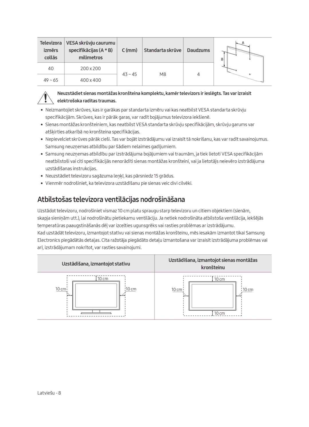 Samsung UE55MU6442UXXH, UE65MU6442UXXH Atbilstošas televizora ventilācijas nodrošināšana, Uzstādīšana, izmantojot statīvu 