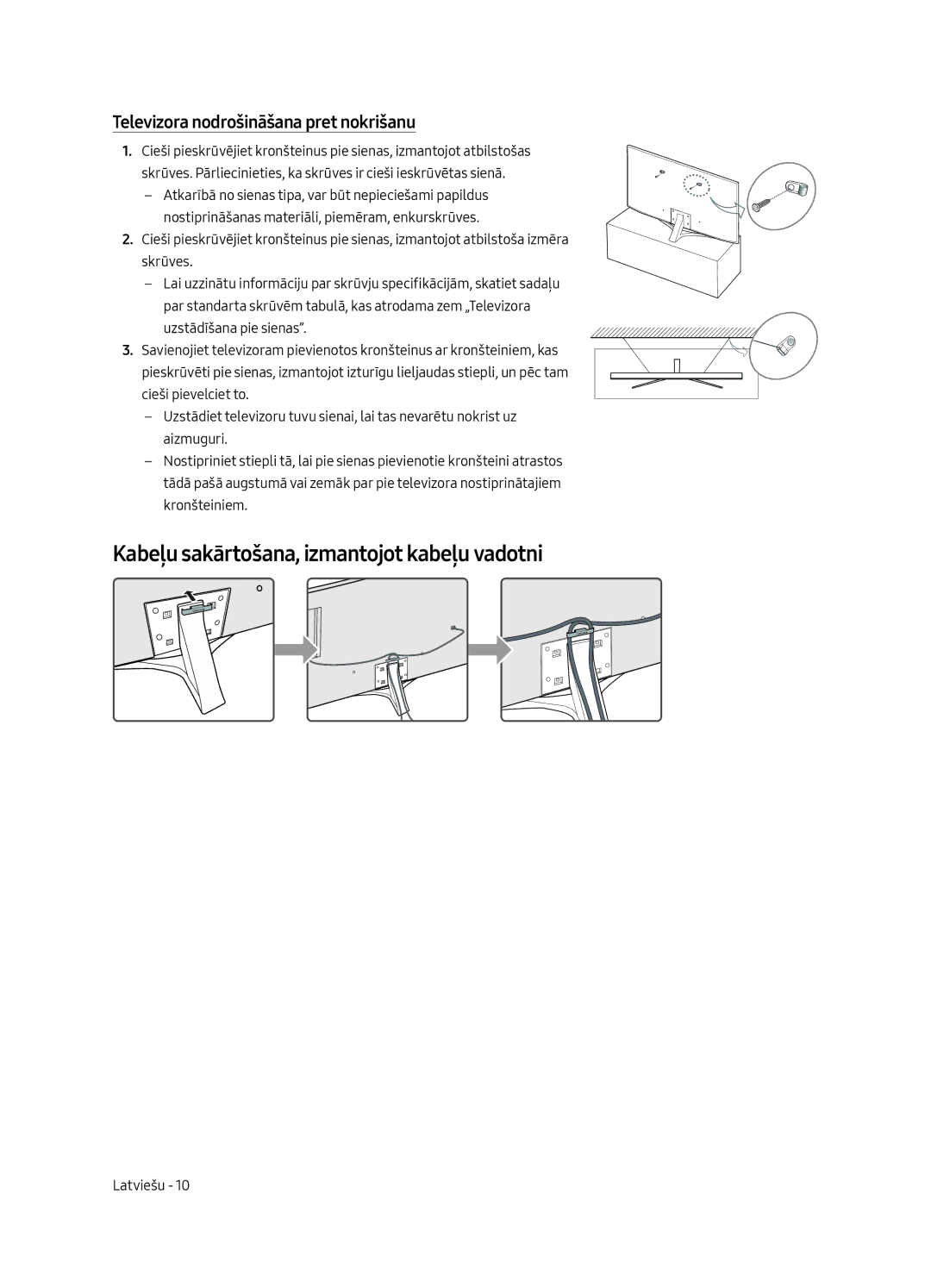 Samsung UE65MU6472UXXH manual Kabeļu sakārtošana, izmantojot kabeļu vadotni, Televizora nodrošināšana pret nokrišanu 