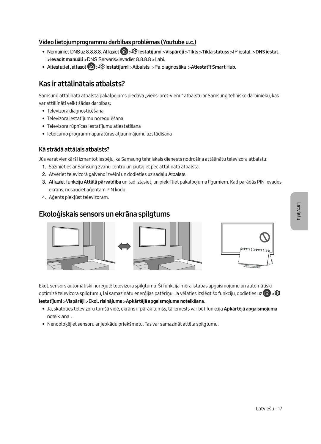 Samsung UE55MU6472UXXH, UE65MU6442UXXH manual Kas ir attālinātais atbalsts?, Ekoloģiskais sensors un ekrāna spilgtums 