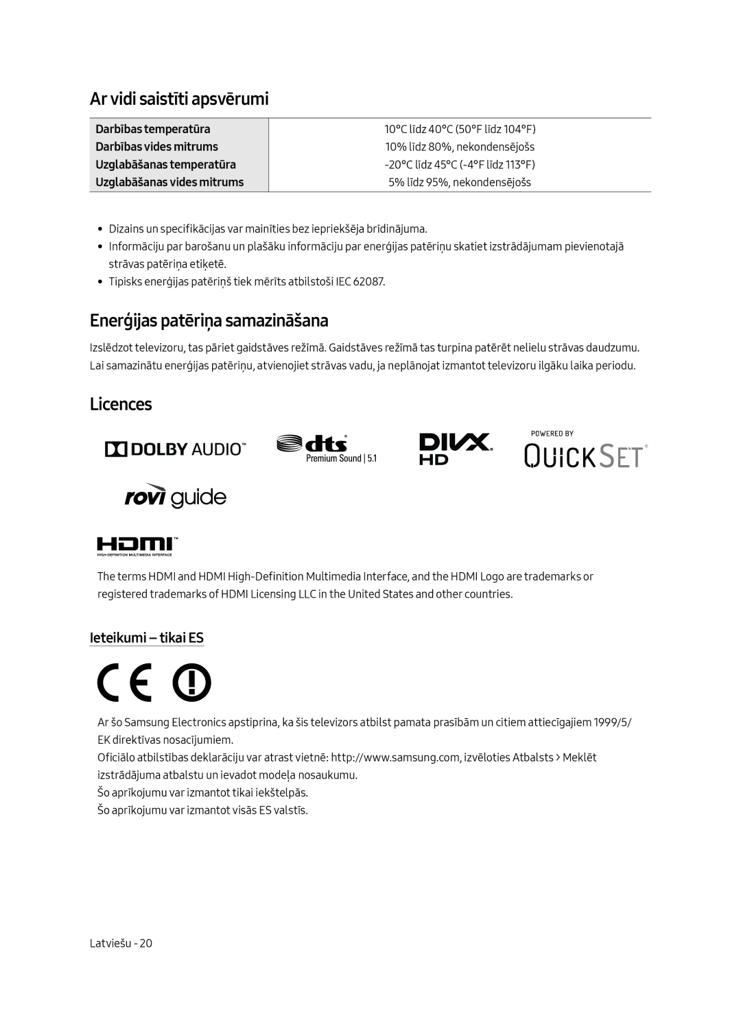 Samsung UE55MU6442UXXH, UE65MU6442UXXH Ar vidi saistīti apsvērumi, Enerģijas patēriņa samazināšana, Ieteikumi tikai ES 