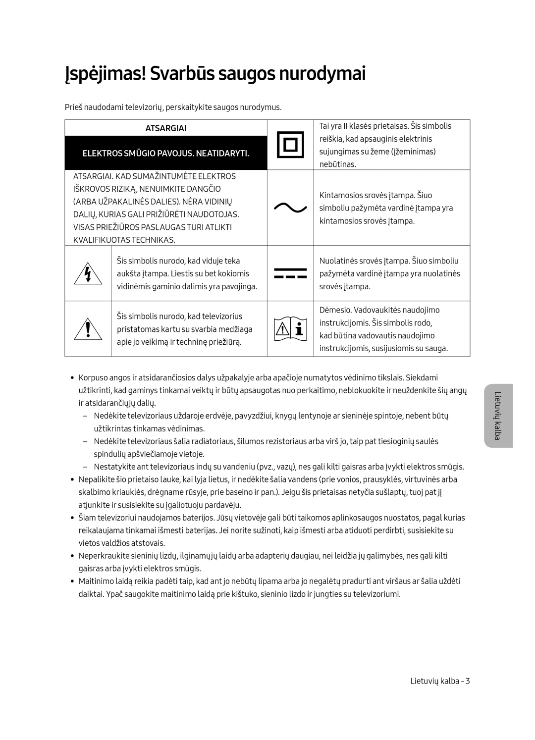 Samsung UE40MU6442UXXH, UE65MU6442UXXH, UE55MU6472UXXH, UE49MU6472UXXH manual Įspėjimas! Svarbūs saugos nurodymai, Atsargiai 