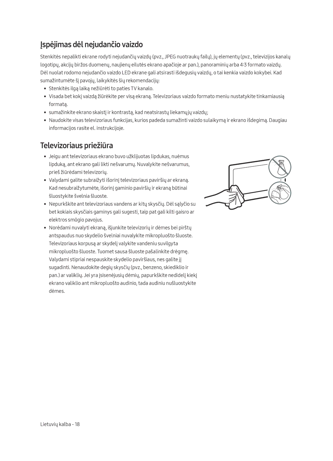 Samsung UE65MU6452UXXH, UE65MU6442UXXH, UE55MU6472UXXH manual Įspėjimas dėl nejudančio vaizdo, Televizoriaus priežiūra 