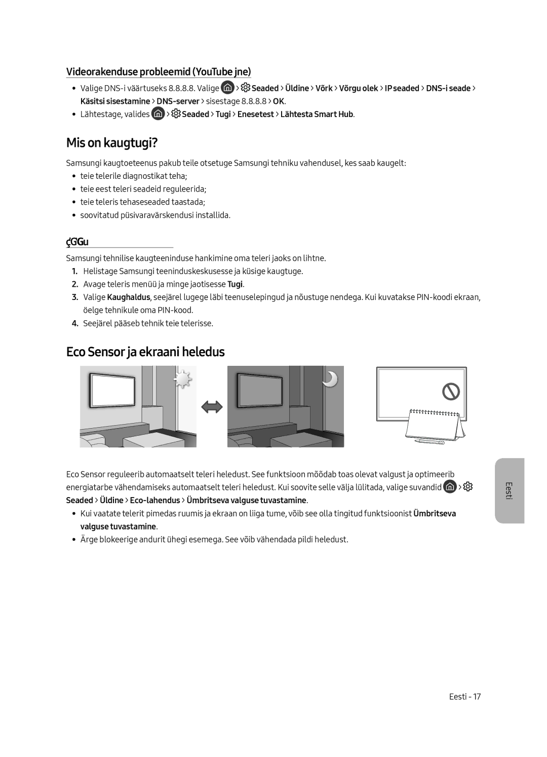 Samsung UE40MU6472UXXH manual Mis on kaugtugi?, Eco Sensor ja ekraani heledus, Videorakenduse probleemid YouTube jne 