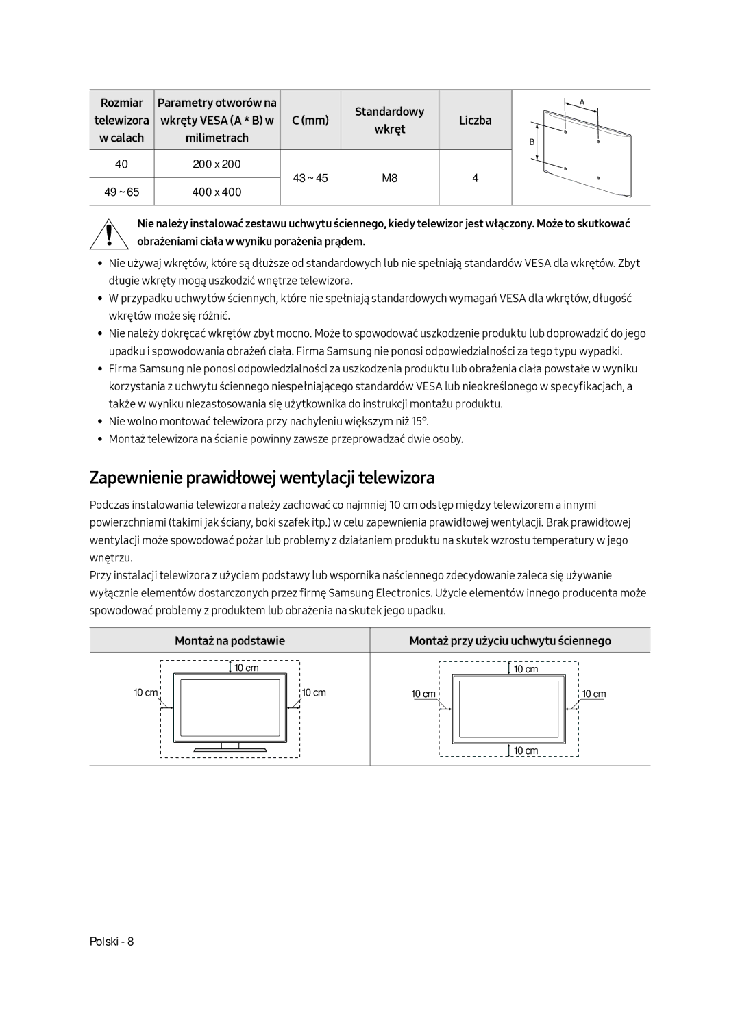 Samsung UE65MU6442UXXH, UE55MU6472UXXH, UE49MU6472UXXH Zapewnienie prawidłowej wentylacji telewizora, Montaż na podstawie 