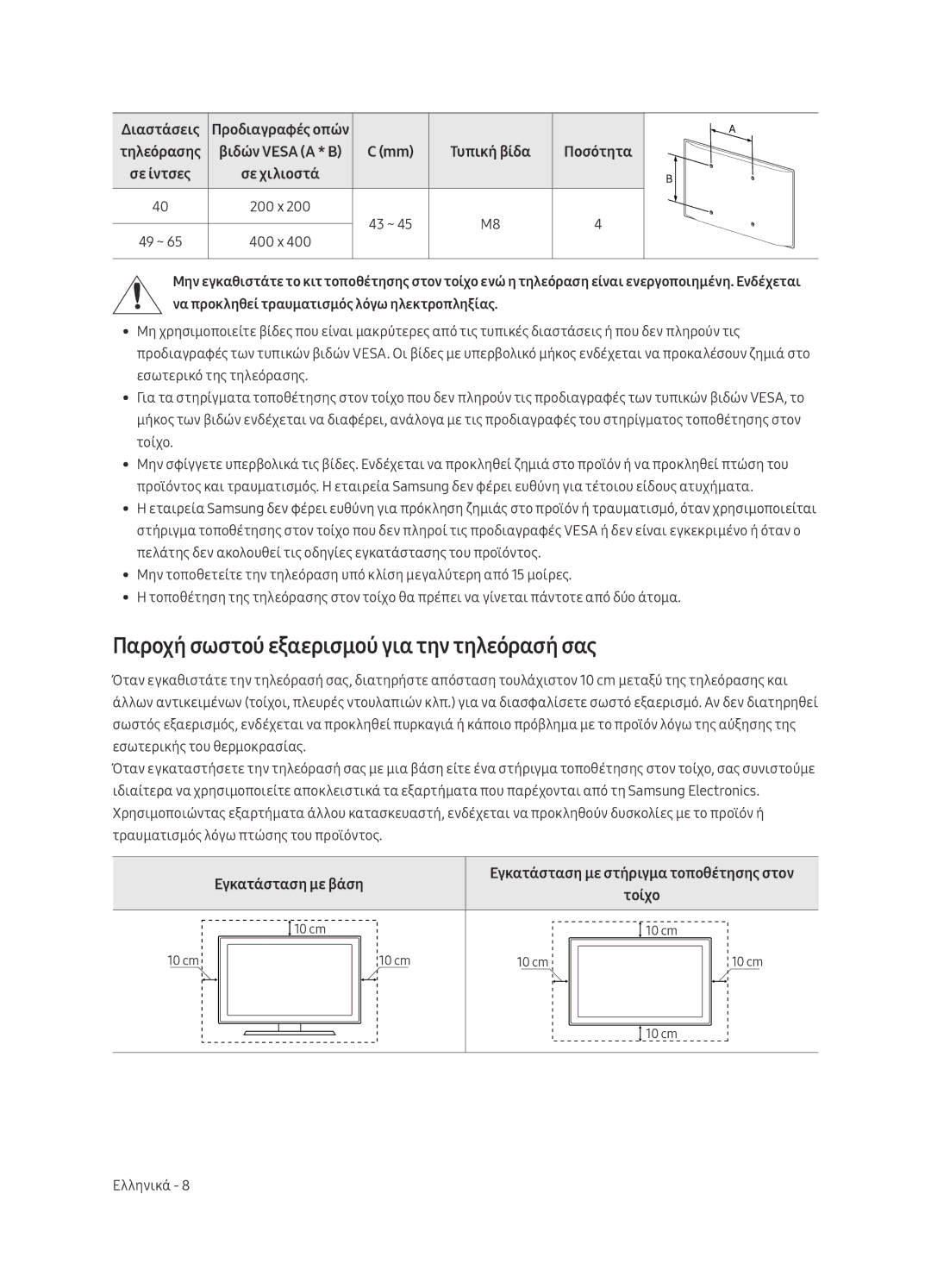 Samsung UE55MU6452UXXH, UE65MU6442UXXH Παροχή σωστού εξαερισμού για την τηλεόρασή σας, Διαστάσεις, Εγκατάσταση με βάση 