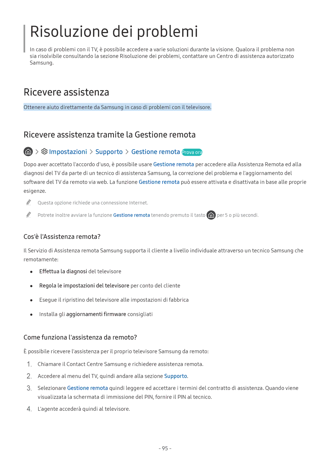 Samsung UE65MU8000LXXN, UE65MU6442UXXH manual Risoluzione dei problemi, Impostazioni Supporto Gestione remota Prova ora 