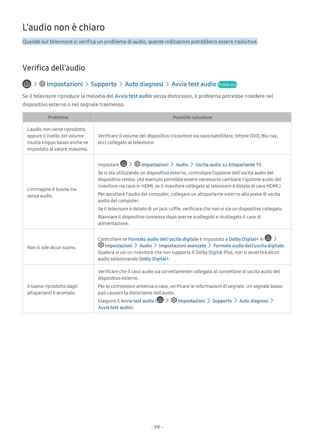 Samsung UE43MU6120WXXN manual Laudio non è chiaro, Verifica dellaudio, Impostazioni Audio Uscita audio su Altoparlante TV 