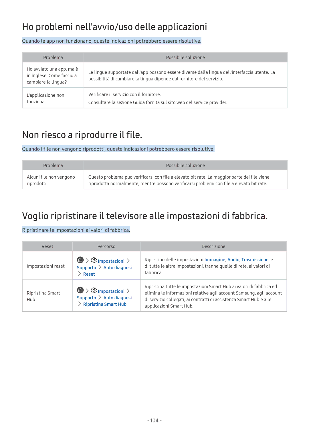 Samsung UE43MU6100WXXN, QE75Q8CAMLXXN Ho problemi nellavvio/uso delle applicazioni, Non riesco a riprodurre il file, Reset 