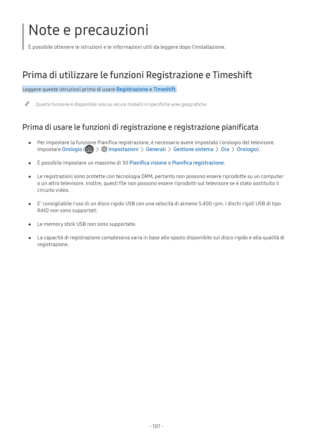 Samsung UE40MU6450SXXN, UE65MU6442UXXH, UE58MU6192UXXH manual Prima di utilizzare le funzioni Registrazione e Timeshift, 107 