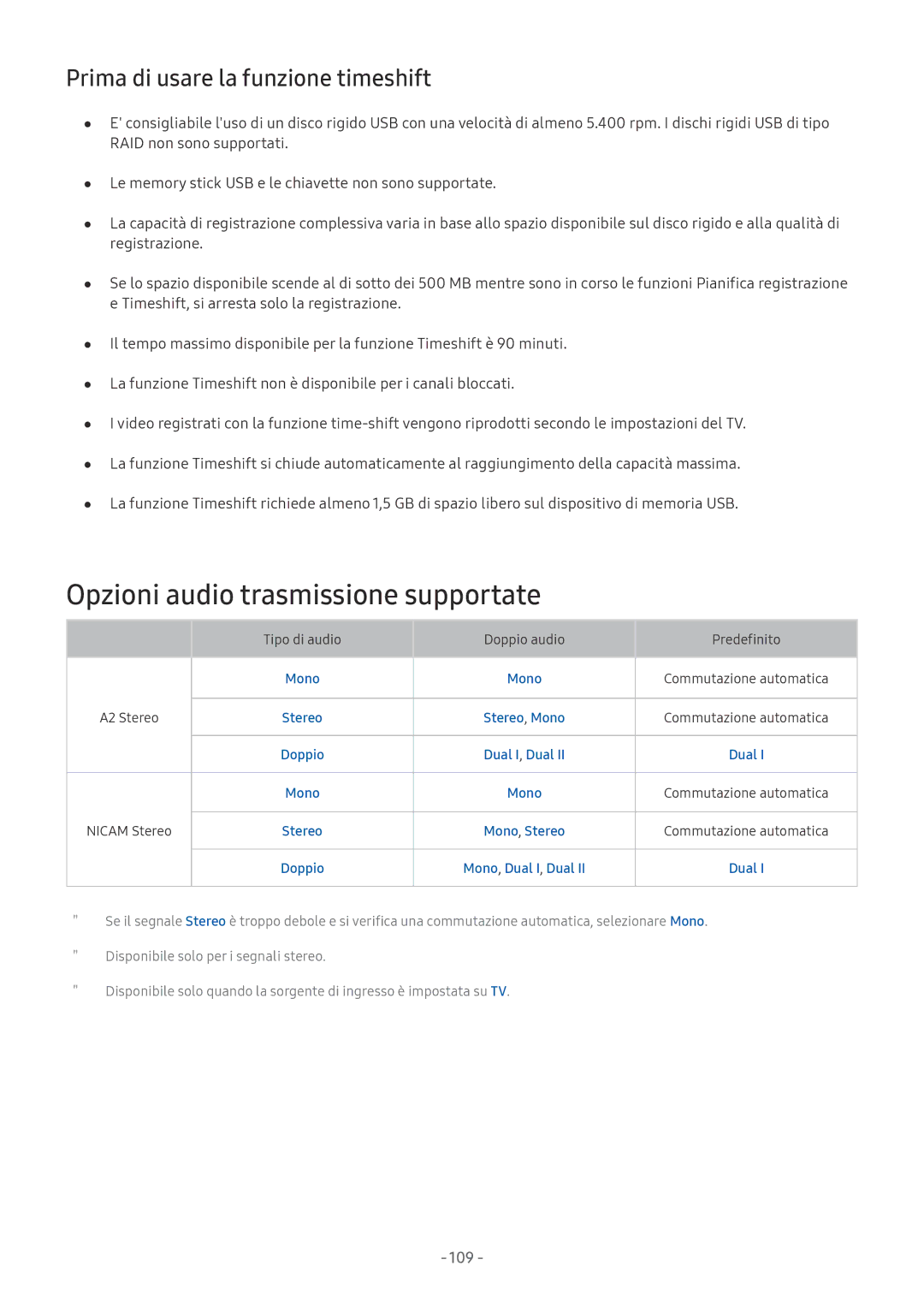 Samsung UE49MU6440SXXN, UE65MU6442UXXH manual Opzioni audio trasmissione supportate, Prima di usare la funzione timeshift 