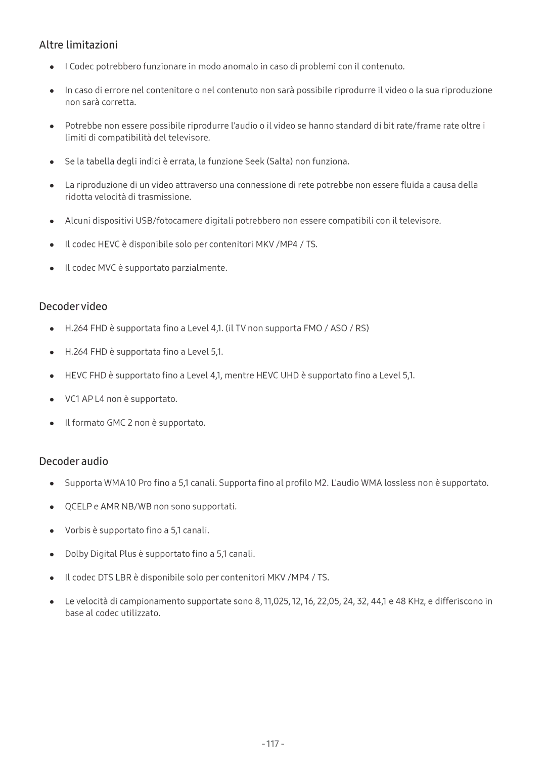 Samsung UE58MU6120KXZT, UE65MU6442UXXH, UE58MU6192UXXH, UE55MU7002TXXH manual Altre limitazioni, Decoder video, Decoder audio 