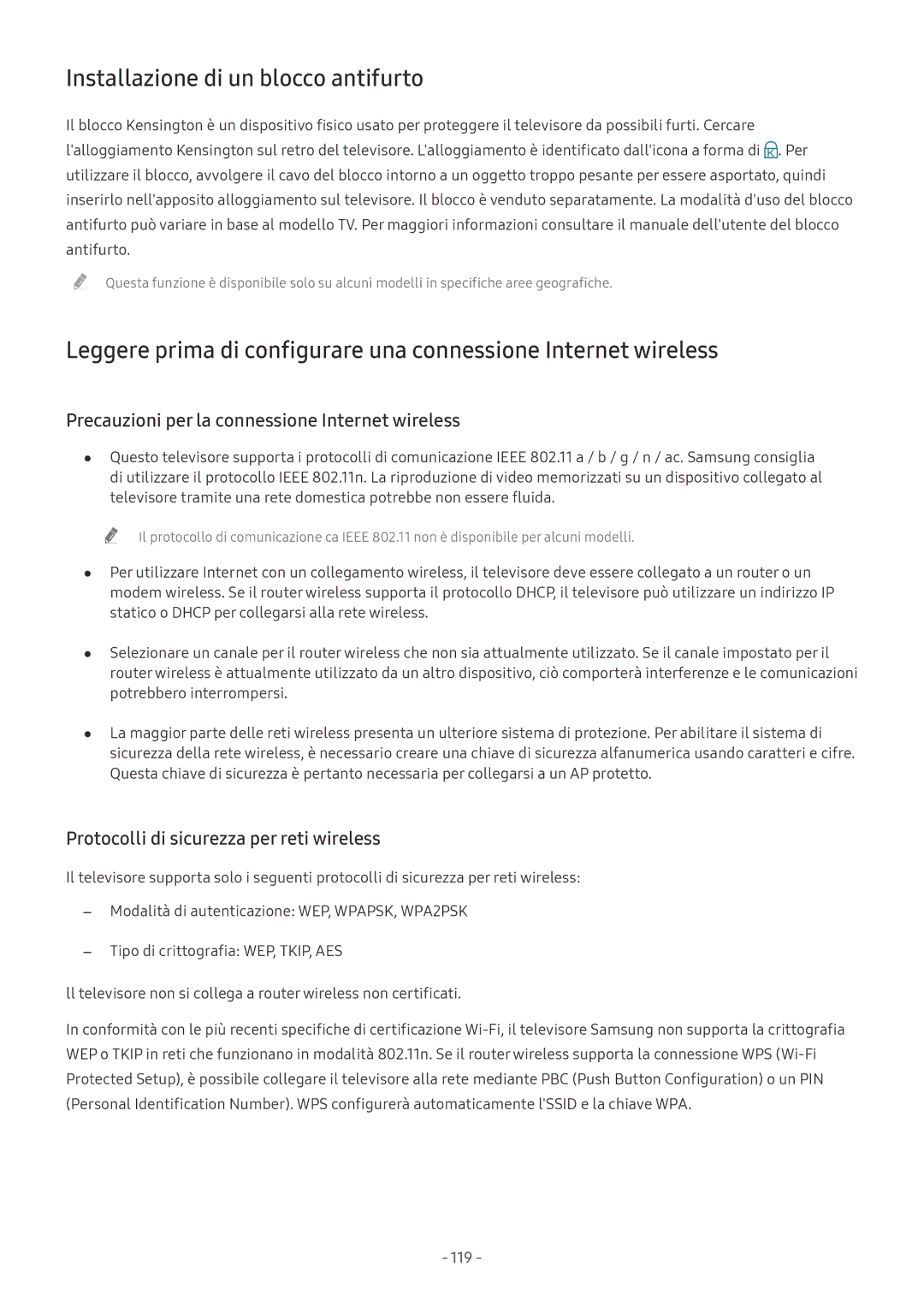 Samsung UE55MU6672UXXH manual Installazione di un blocco antifurto, Precauzioni per la connessione Internet wireless 