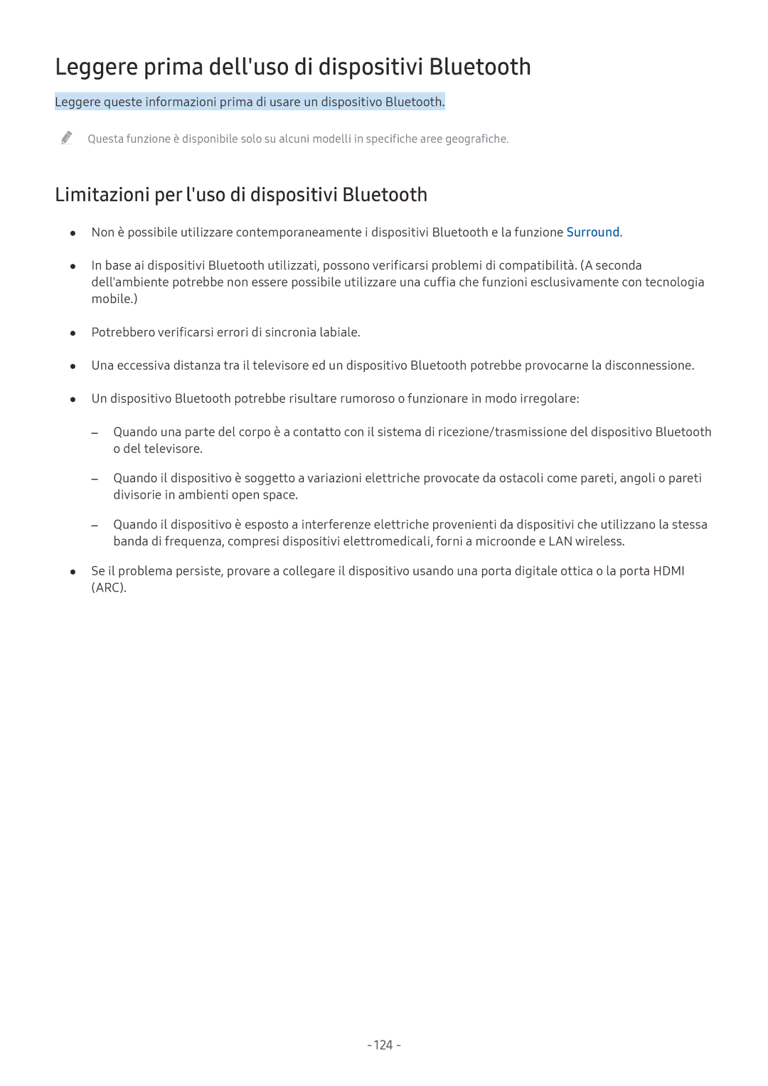 Samsung QE88Q9FAMTXZT manual Leggere prima delluso di dispositivi Bluetooth, Limitazioni per luso di dispositivi Bluetooth 