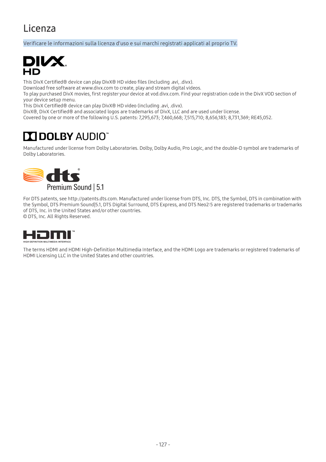 Samsung UE55MU6120WXXN, UE65MU6442UXXH, UE58MU6192UXXH, UE55MU7002TXXH, UE40MU6402UXXH, UE75MU7002TXXH manual Licenza, 127 