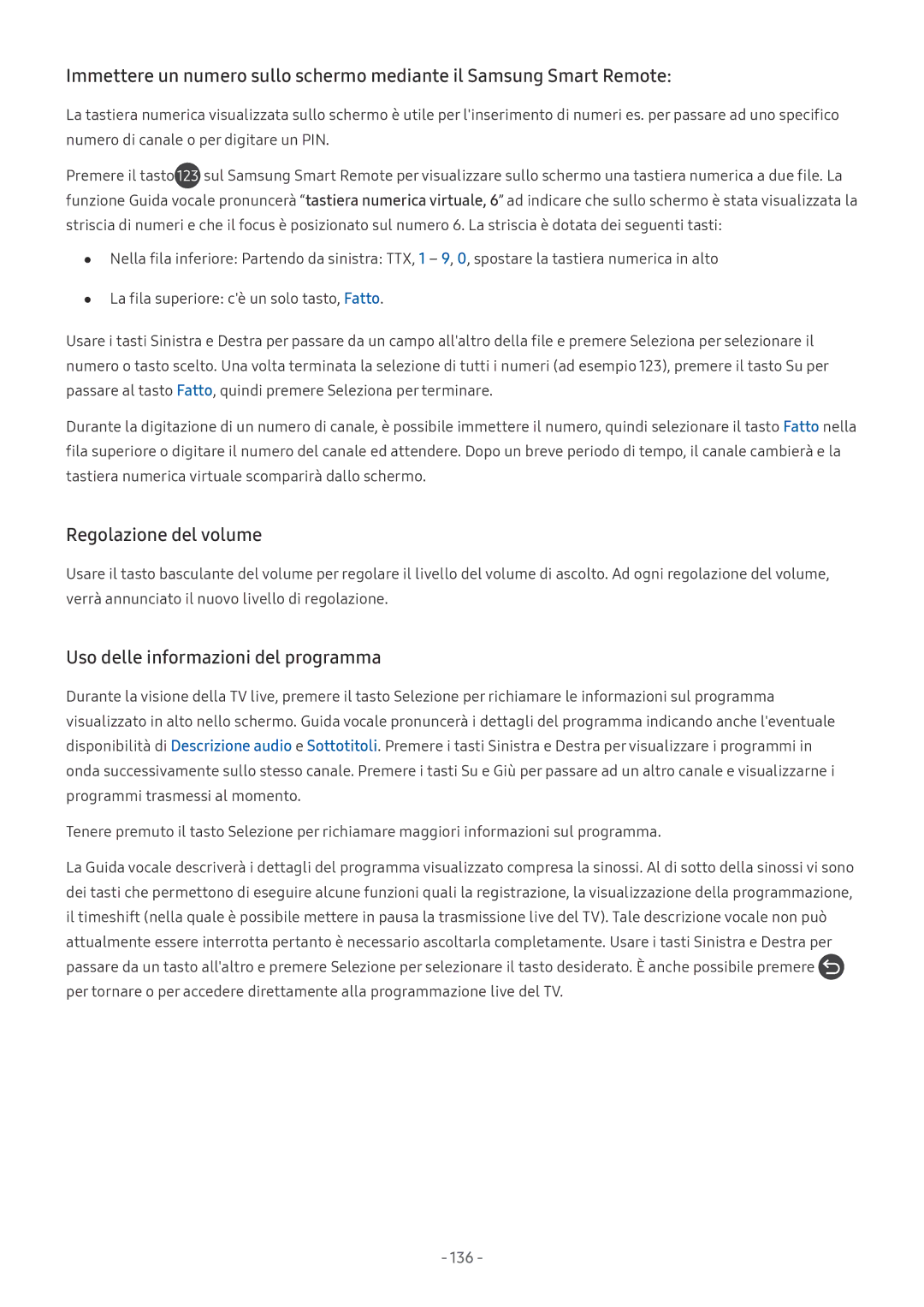 Samsung UE55MU7002TXXH, UE65MU6442UXXH, UE58MU6192UXXH manual Regolazione del volume, Uso delle informazioni del programma 