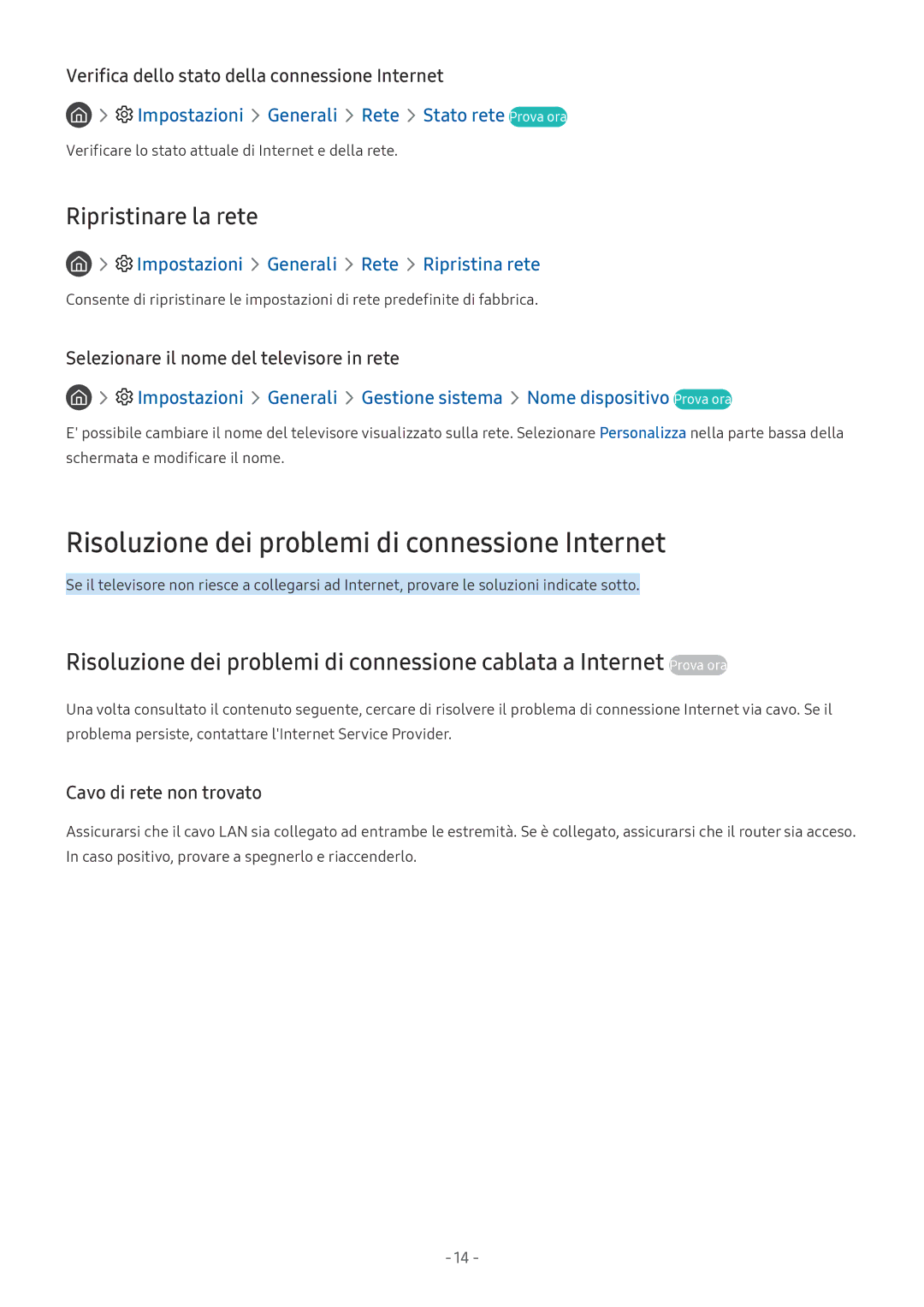 Samsung UE65MU6400SXXN, UE65MU6442UXXH manual Risoluzione dei problemi di connessione Internet, Ripristinare la rete 