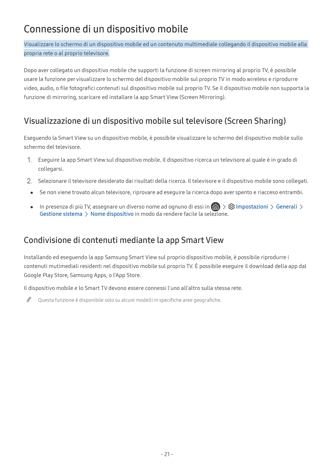 Samsung UE55MU6670SXXN manual Connessione di un dispositivo mobile, Condivisione di contenuti mediante la app Smart View 