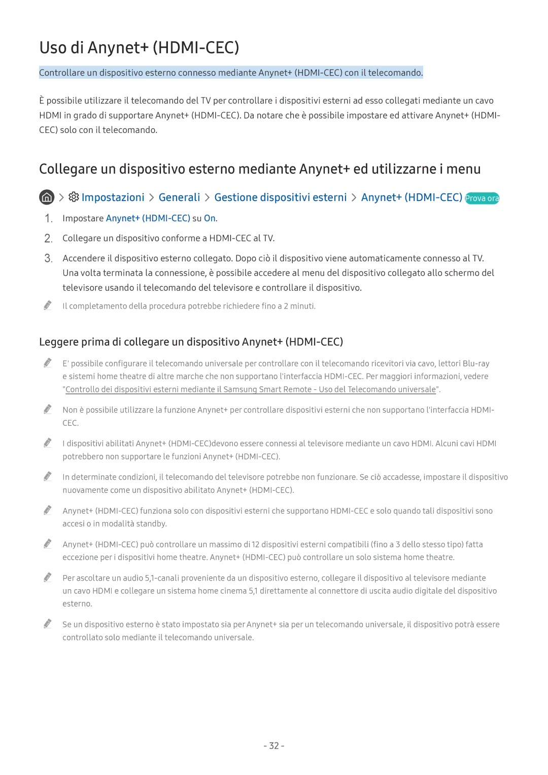 Samsung UE43MU6125KXZT, UE65MU6442UXXH Uso di Anynet+ HDMI-CEC, Leggere prima di collegare un dispositivo Anynet+ HDMI-CEC 
