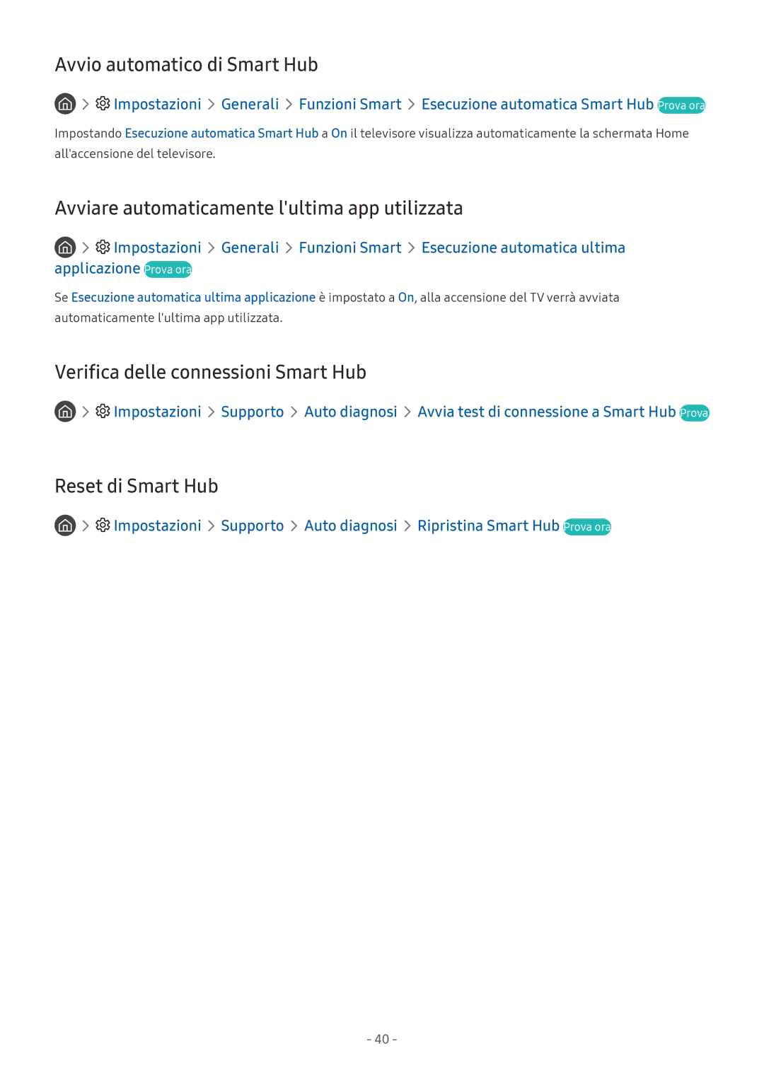 Samsung UE55MU6125KXZT Avvio automatico di Smart Hub, Avviare automaticamente lultima app utilizzata, Reset di Smart Hub 