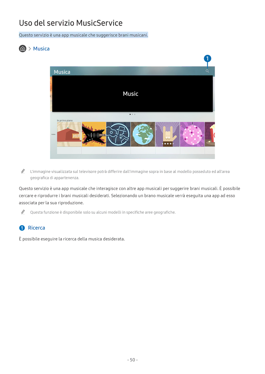 Samsung QE55Q8CAMTXZT, UE65MU6442UXXH, UE58MU6192UXXH, UE55MU7002TXXH manual Uso del servizio MusicService, Musica,  Ricerca 